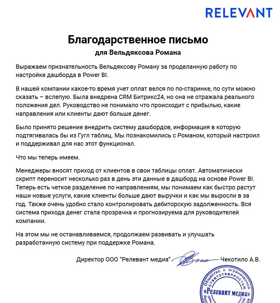 Благодарственное письмо агентства RELEVANT